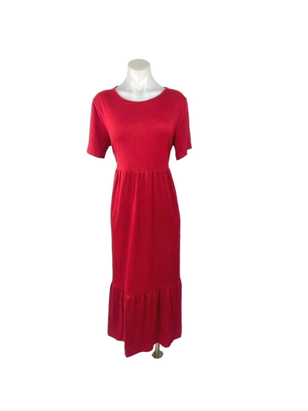 Prinbara Red Crewneck Short Sleeve Tiered Stretch Midi Casual Pull On Dress Sz L